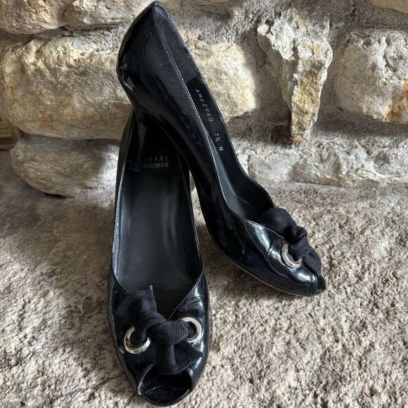 STUART WEITZMAN Black Patent Leather Peep Toe Ribbon Bow Pumps Heels 7.5 - Picture 1 of 7